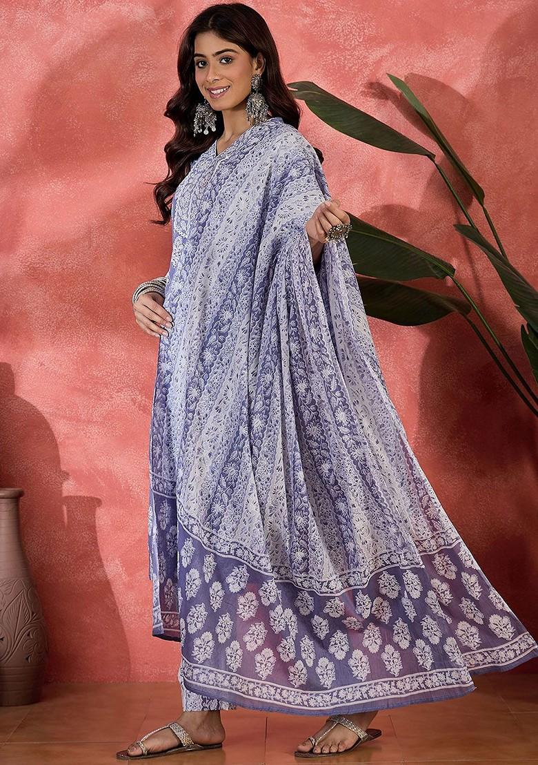 Blue Women Floral Printed Cotton Kurta With Trousers And Dupatta