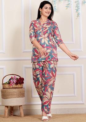 Pink Floral Printed Shirt Collar Threequarter Sleeves Pure Cotton Top With Trouser