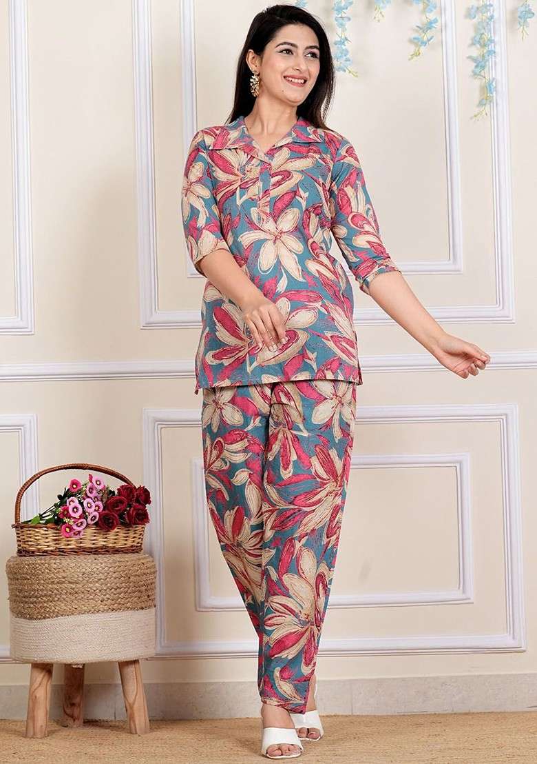 Pink Floral Printed Shirt Collar Threequarter Sleeves Pure Cotton Top With Trouser - Indya