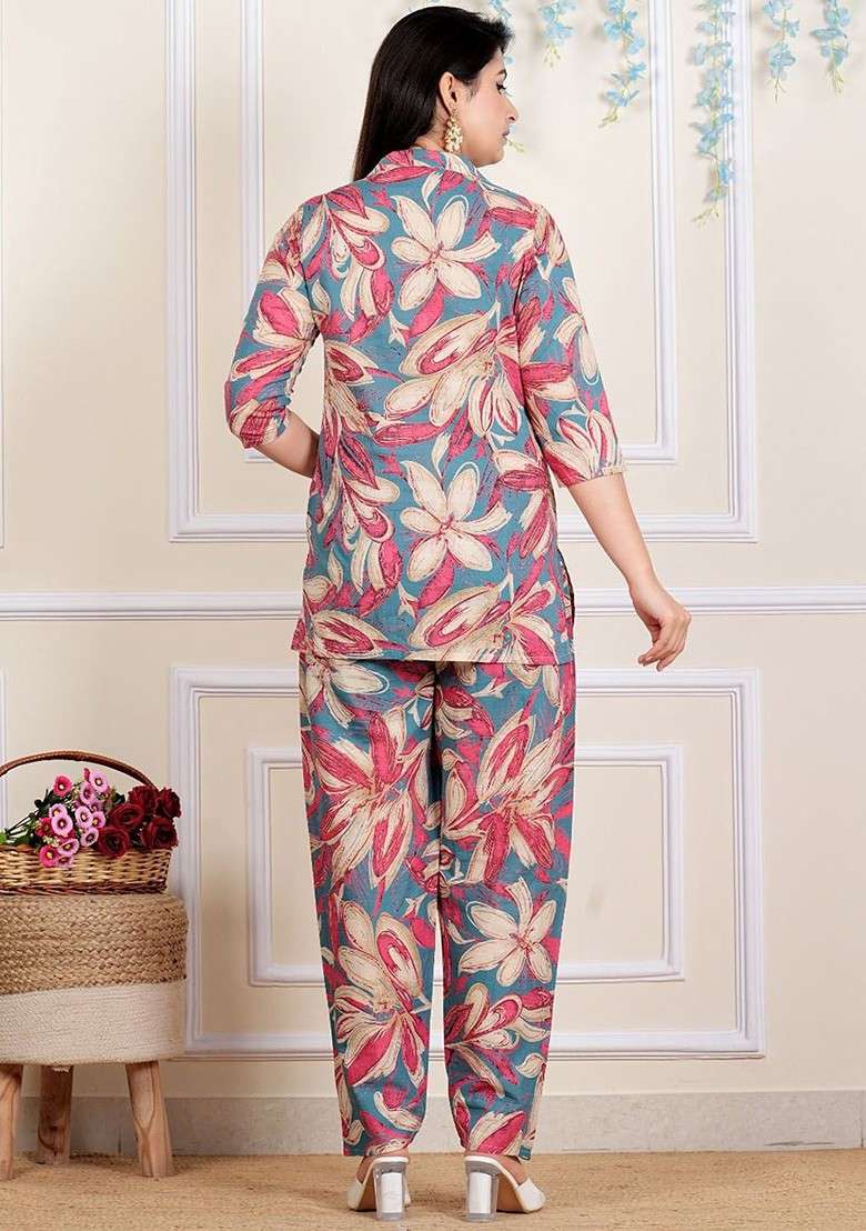 Pink Floral Printed Shirt Collar Threequarter Sleeves Pure Cotton Top With Trouser - Indya