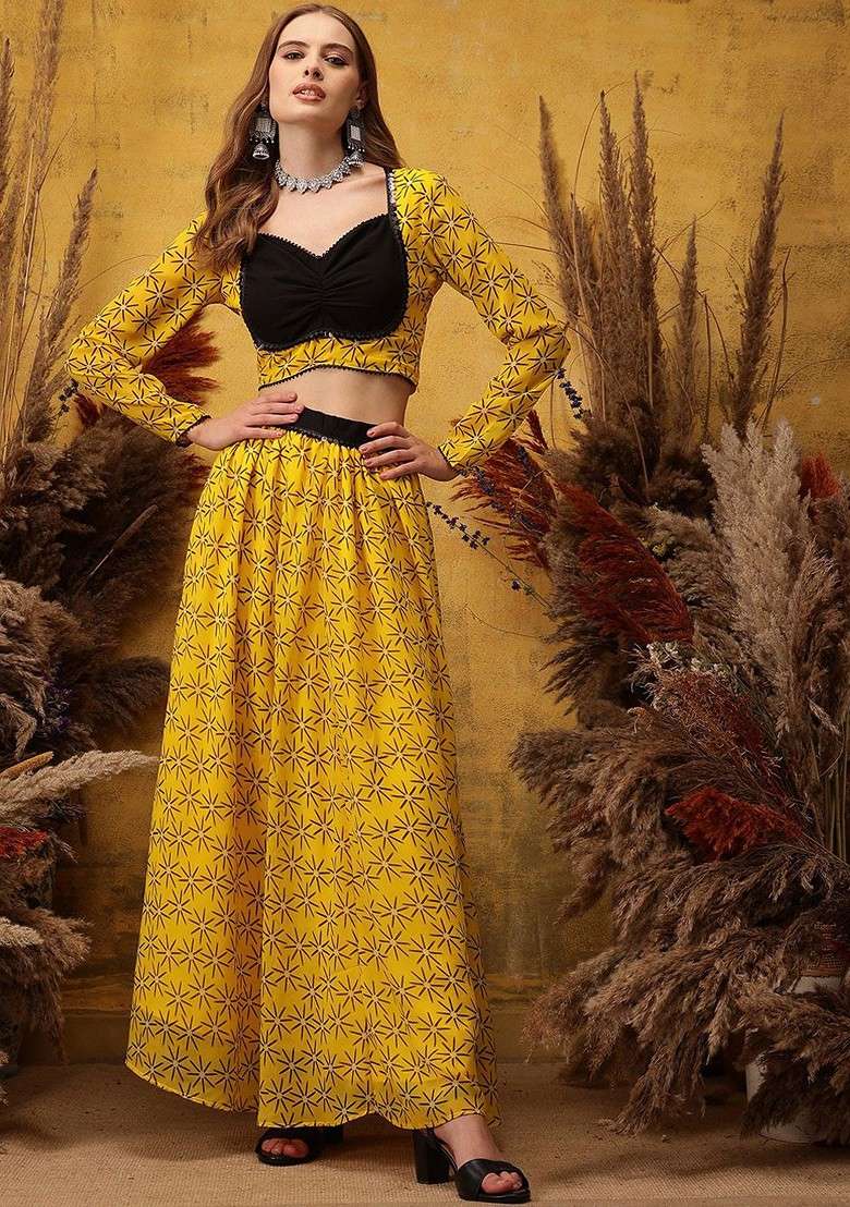 Yellow Printed Top With Flared Skirt - Indya
