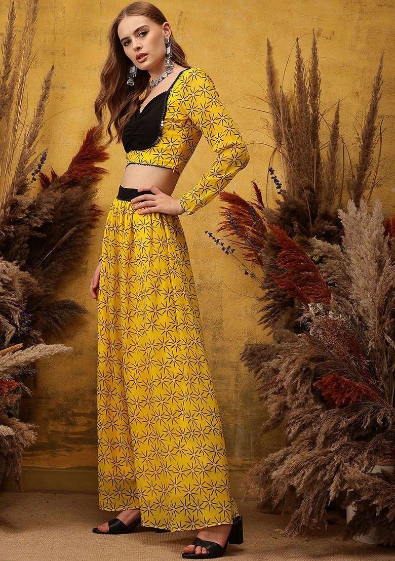 Yellow Printed Top With Flared Skirt - Indya