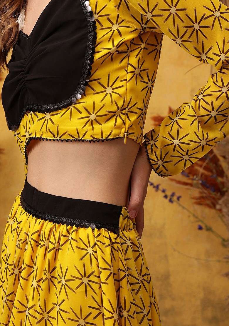 Yellow Printed Top With Flared Skirt - Indya