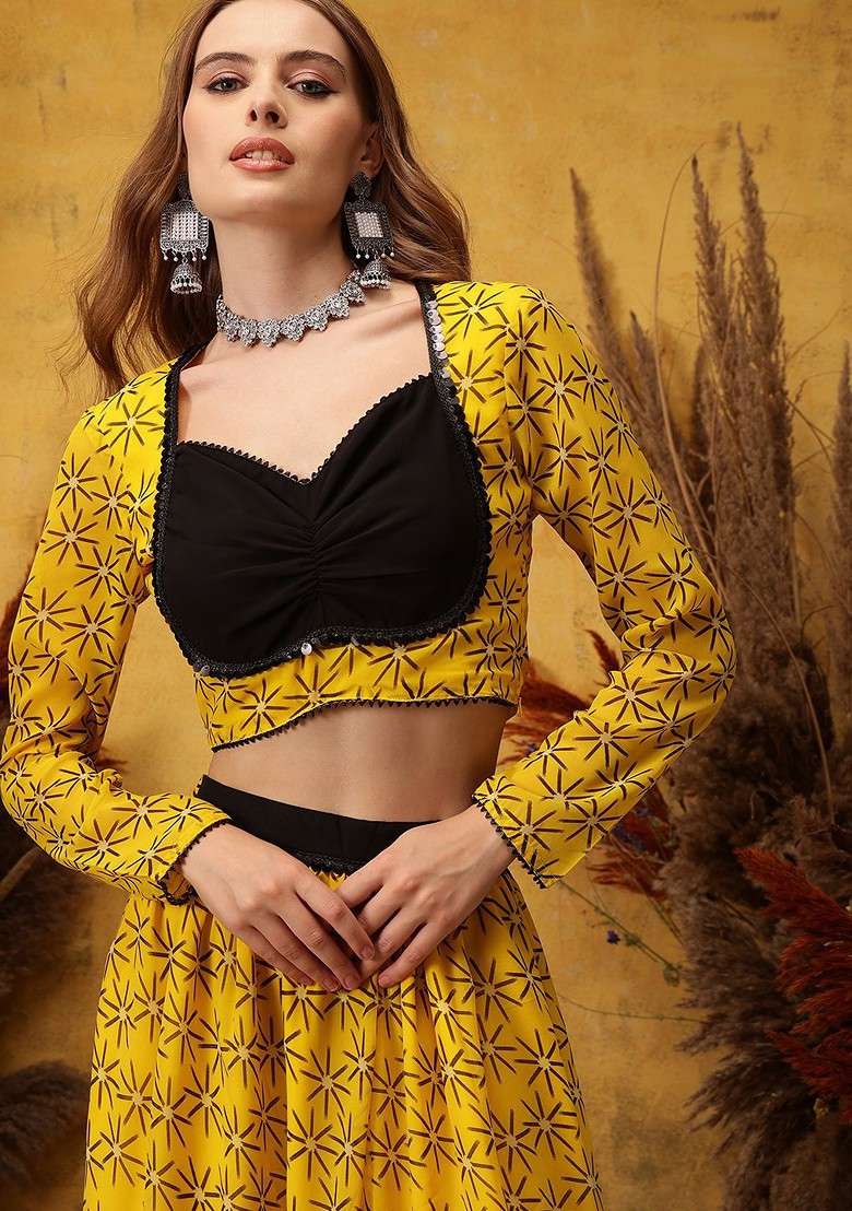 Yellow Printed Top With Flared Skirt - Indya
