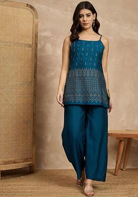 Turquoise Blue Printed Shoulder Straps Neck Sleeveless Top And Palazzo