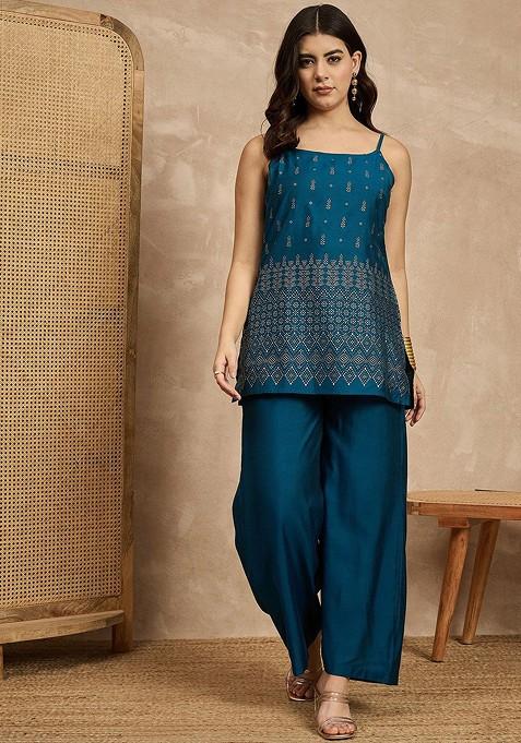 Turquoise Blue Printed Shoulder Straps Neck Sleeveless Top And Palazzo