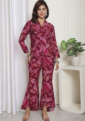 Purple Printed Shawlcollar Shirt With Trouser