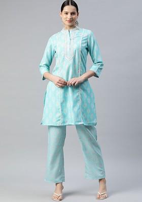 Turquoise Blue Women Embroidered Linen Coords