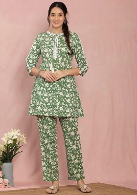 Green Printed Round Neck Tunic With Trousers Coords