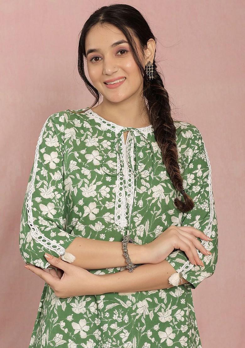 Green Printed Round Neck Tunic With Trousers Coords - Indya