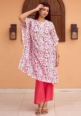 Cream Floral Printed Kaftan Tunic With Palazzo Coords