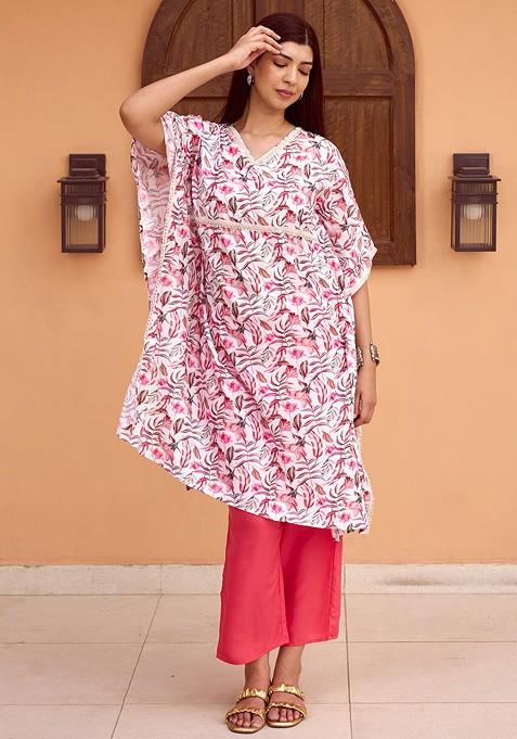 Cream Floral Printed Kaftan Tunic With Palazzo Coords