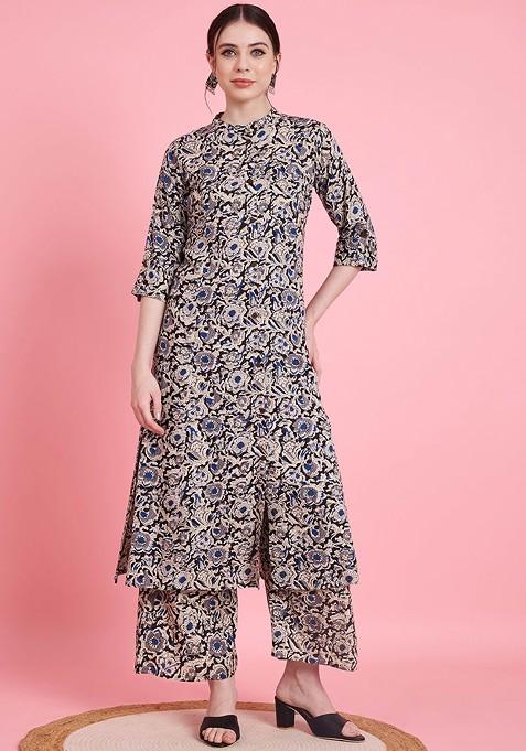 Black Floral Printed Mandarin Collar Kalamkari Straight Top With Palazzos