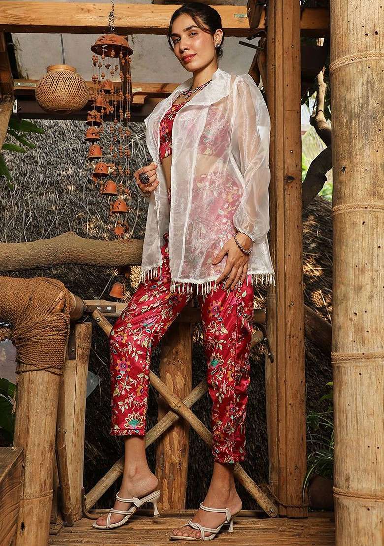 Pink Printed Shoulder Strap Neck Top And Shrug With Trousers Coords - Indya