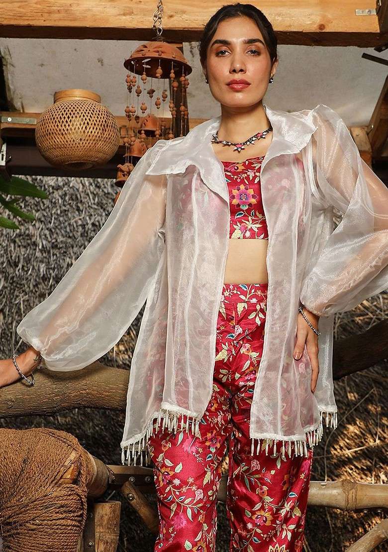 Pink Printed Shoulder Strap Neck Top And Shrug With Trousers Coords - Indya