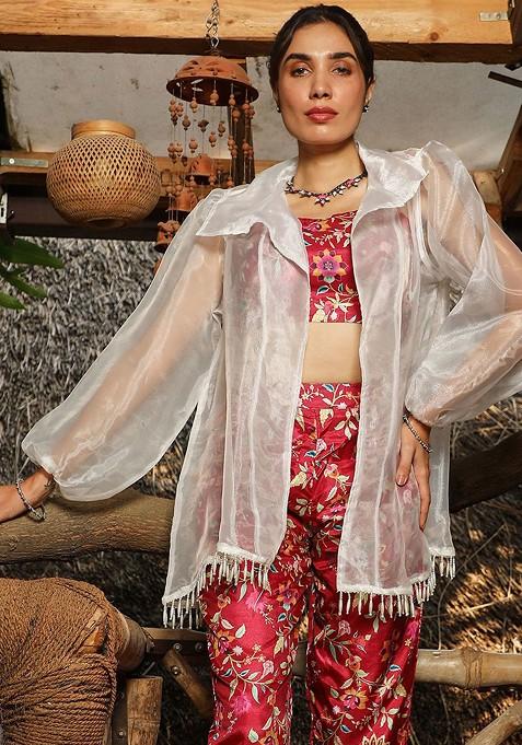 Pink Printed Shoulder Strap Neck Top And Shrug With Trousers Coords