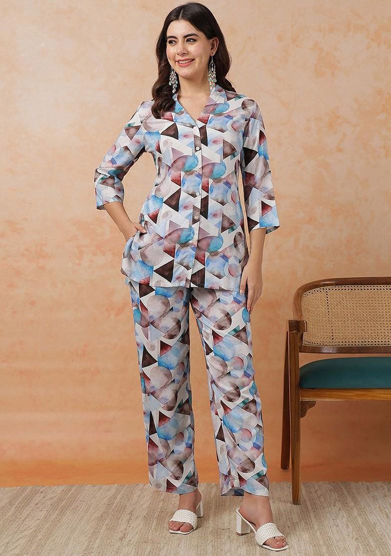 Blue Vneck Printed Shirt With Trousers - Indya