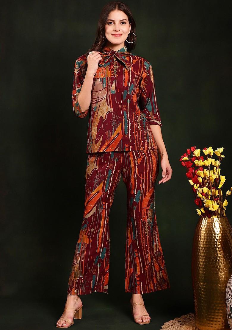 Burgundy Abstract Printed Shirt Collar Chanderi Silk Tunic And Trousers Coords Set