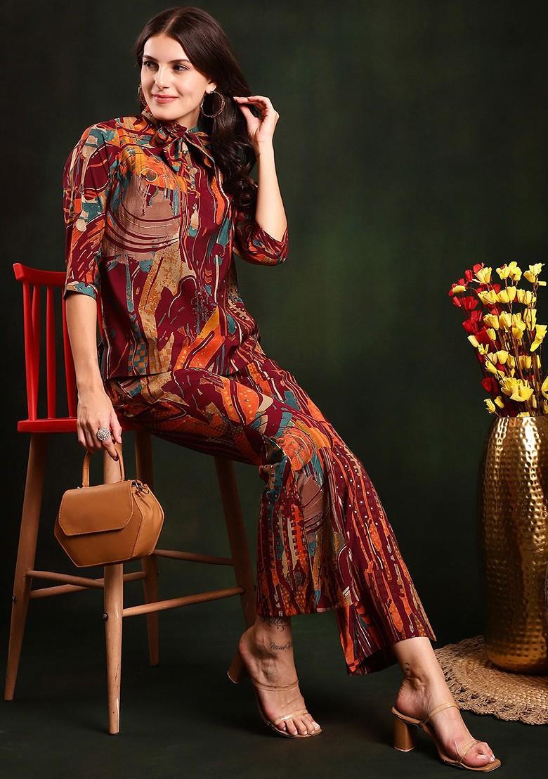 Burgundy Abstract Printed Shirt Collar Chanderi Silk Tunic And Trousers Coords Set