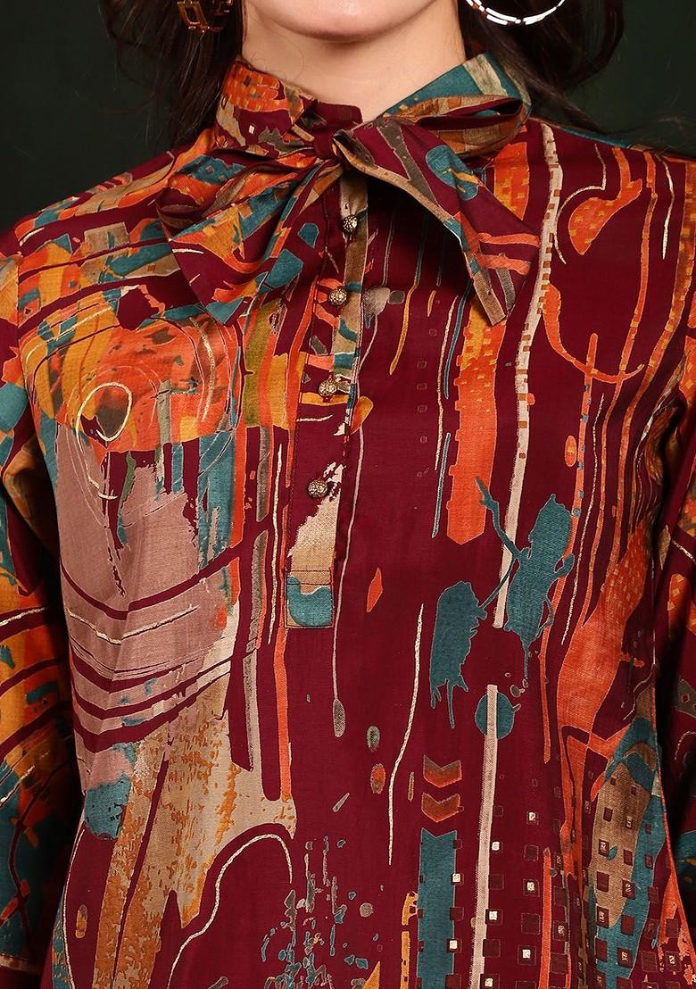 Burgundy Abstract Printed Shirt Collar Chanderi Silk Tunic And Trousers Coords Set - Indya