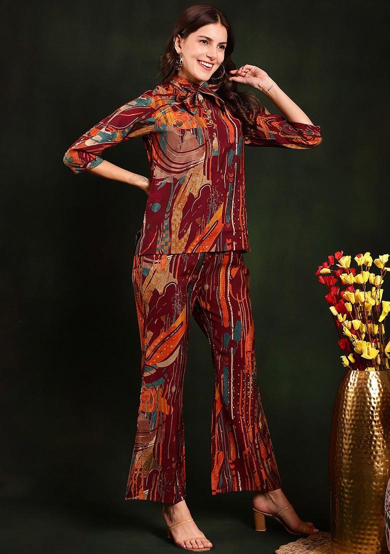 Burgundy Abstract Printed Shirt Collar Chanderi Silk Tunic And Trousers Coords Set