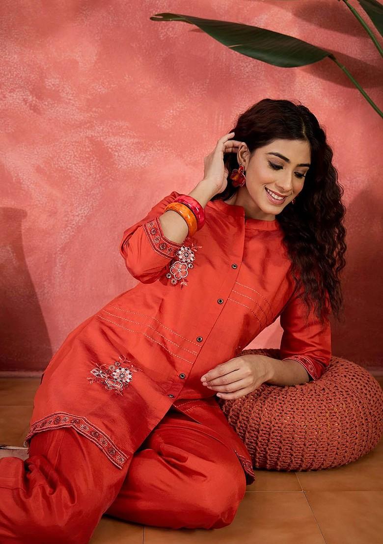 Orange Embroidered Mandarin Collar Neck Tunic And Trousers Coords