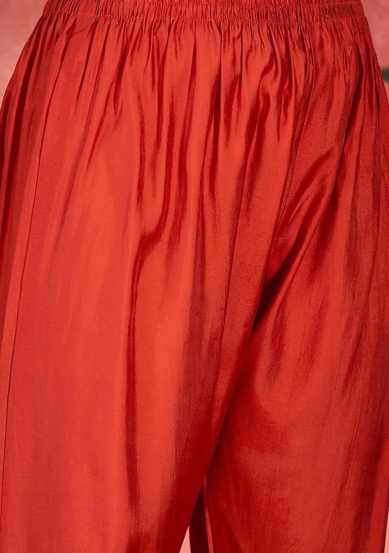 Orange Embroidered Mandarin Collar Neck Tunic And Trousers Coords