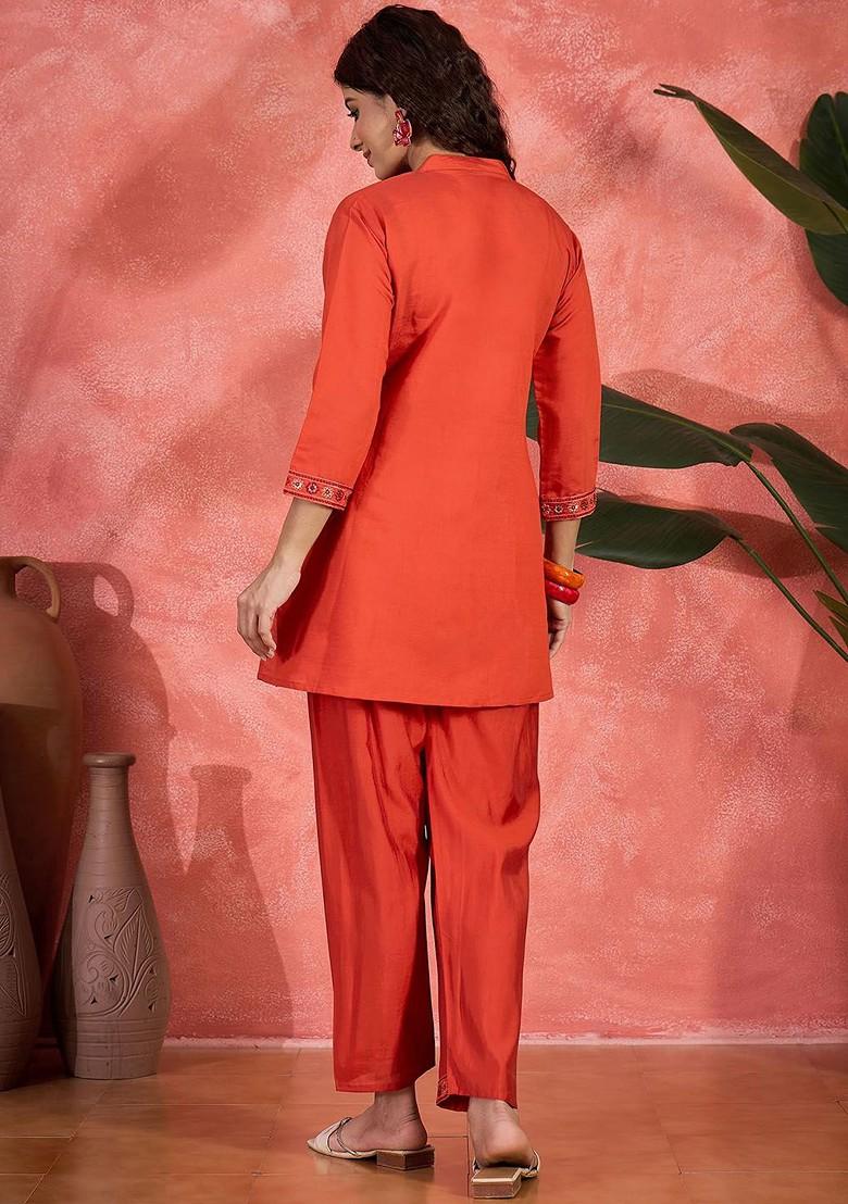 Orange Embroidered Mandarin Collar Neck Tunic And Trousers Coords