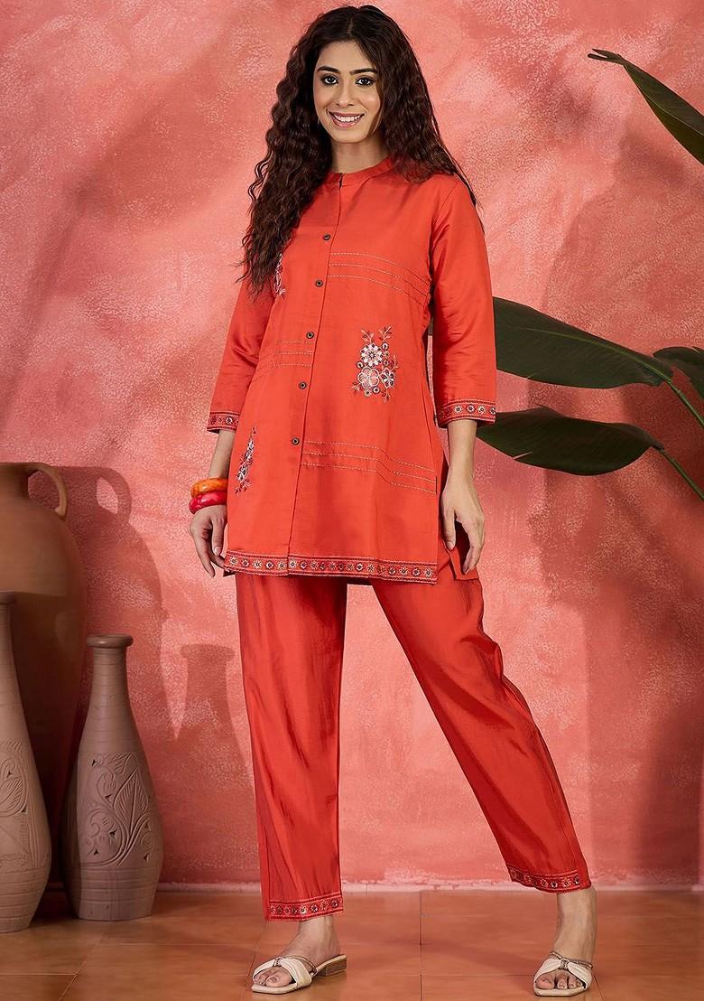 Orange Embroidered Mandarin Collar Neck Tunic And Trousers Coords