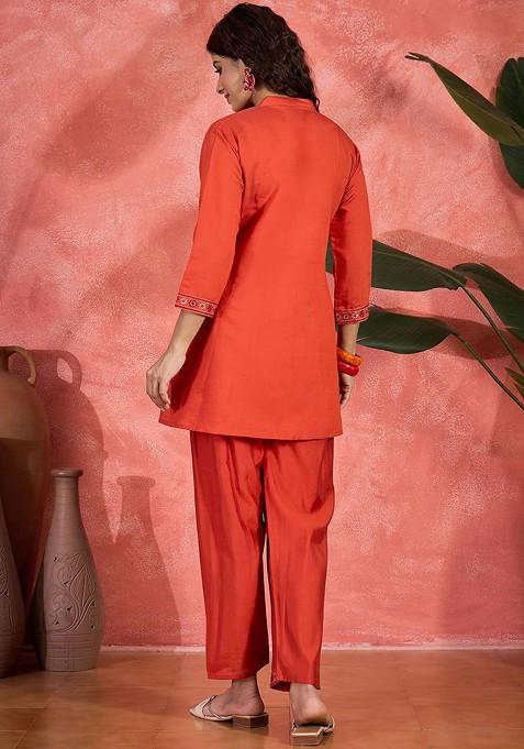 Orange Embroidered Mandarin Collar Neck Tunic And Trousers Coords