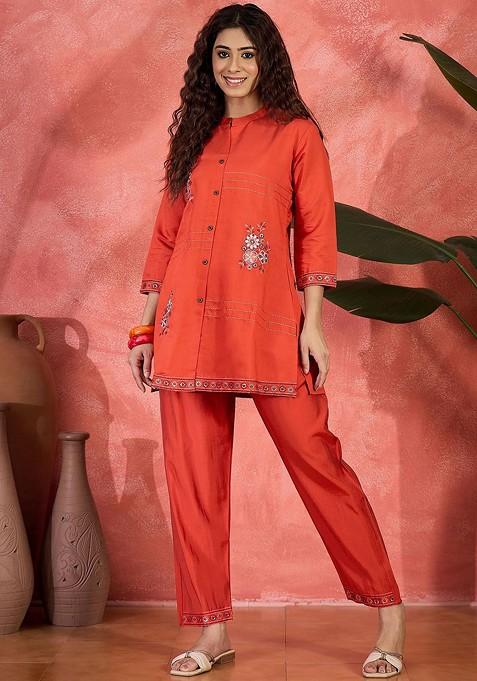 Orange Embroidered Mandarin Collar Neck Tunic And Trousers Coords