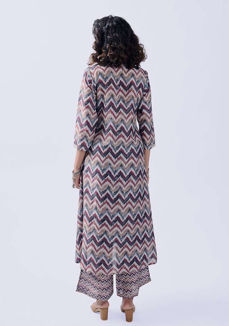 Grey Chevron Printed Vneck Threequarter Sleeves Top With Palazzo - Indya
