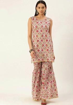 Off White Floral Printed Pure Cotton Tunic And Sharara