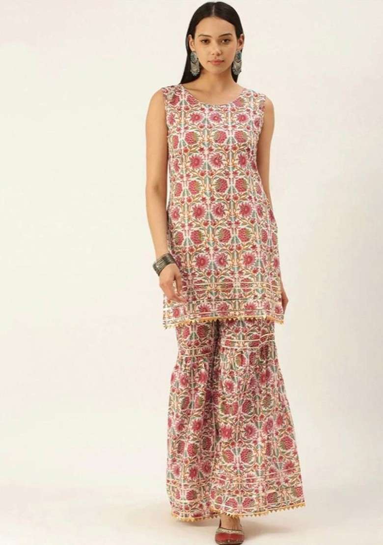 Off White Floral Printed Pure Cotton Tunic And Sharara - Indya