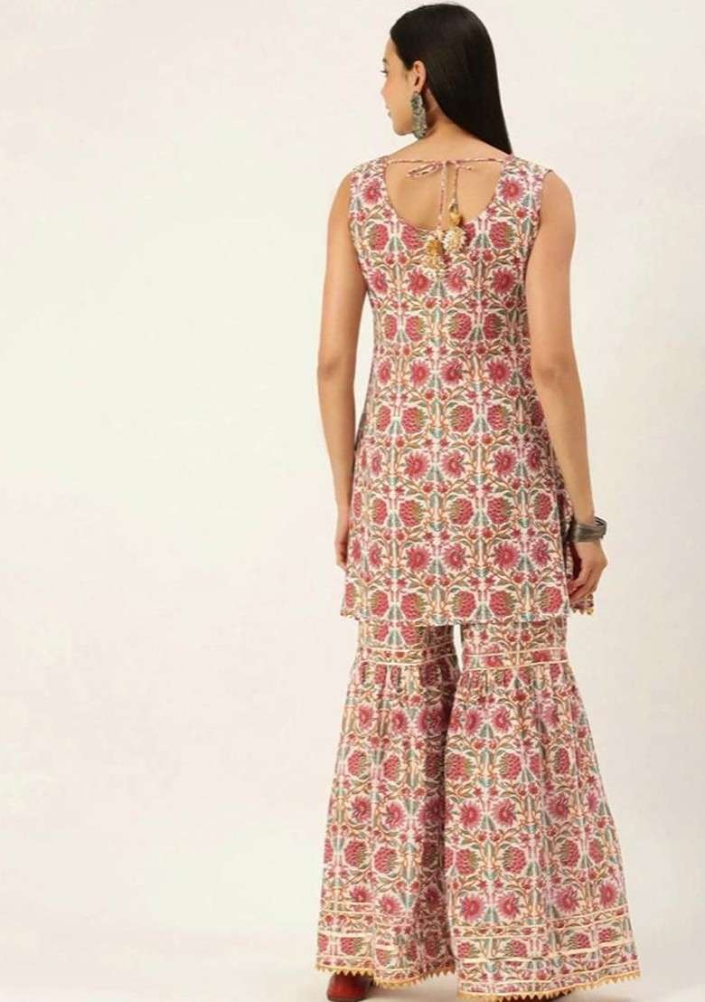 Off White Floral Printed Pure Cotton Tunic And Sharara - Indya
