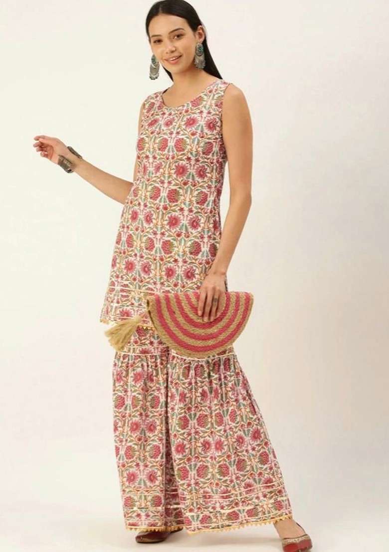 Off White Floral Printed Pure Cotton Tunic And Sharara - Indya