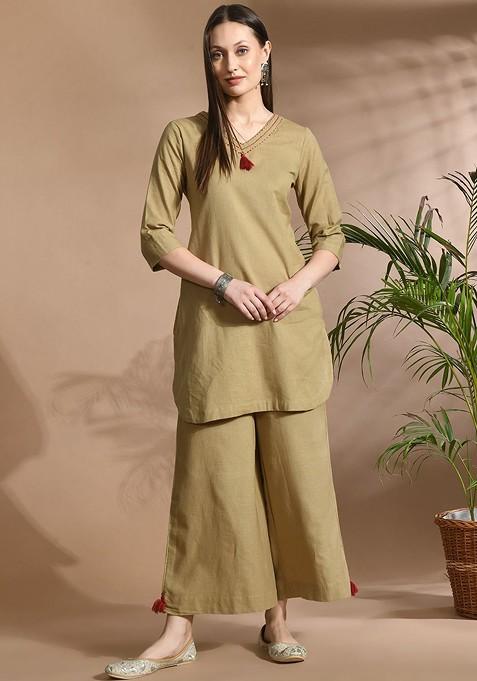 Brown Vneck Threequarter Sleeves Top And Trouser