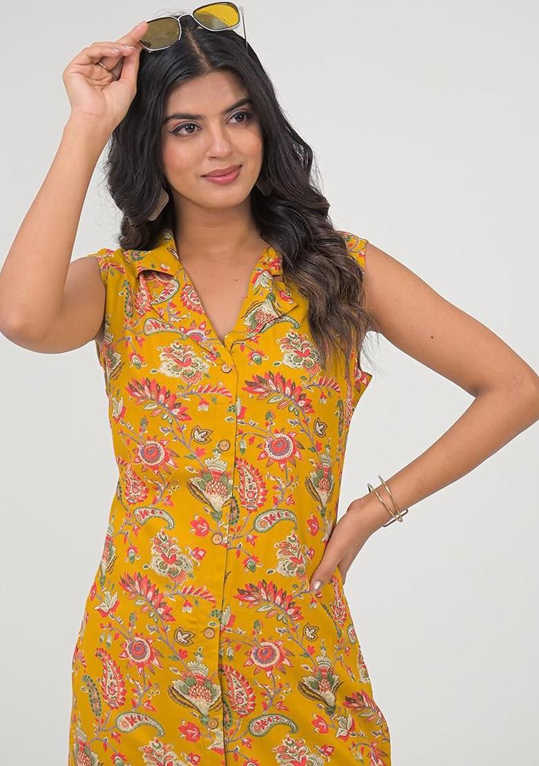 Yellow Printed Shirt Collar Tunic With Trousers Coords
