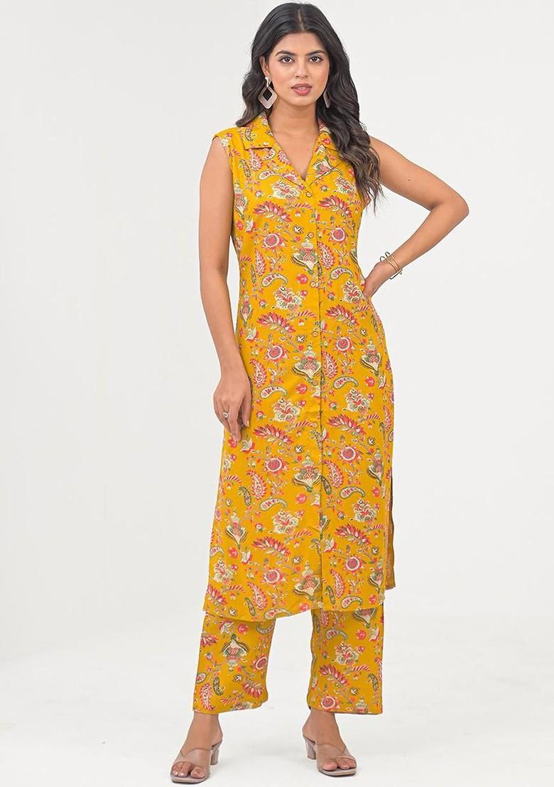 Yellow Printed Shirt Collar Tunic With Trousers Coords