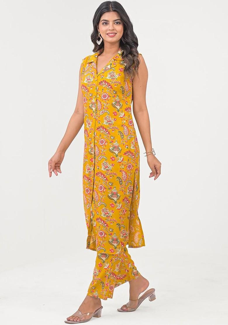 Yellow Printed Shirt Collar Tunic With Trousers Coords