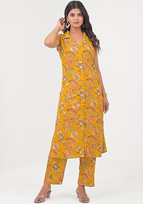 Yellow Printed Shirt Collar Tunic With Trousers Coords