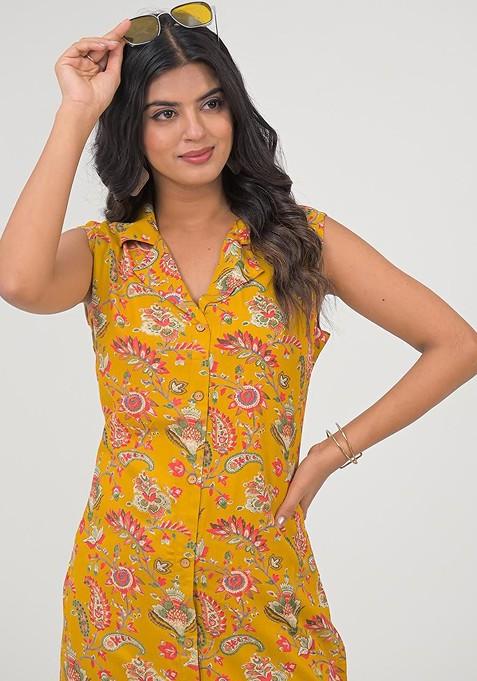 Yellow Printed Shirt Collar Tunic With Trousers Coords