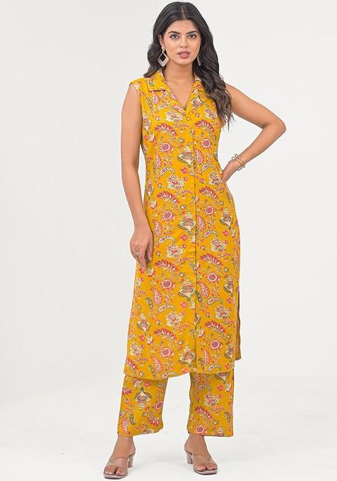 Yellow Printed Shirt Collar Tunic With Trousers Coords