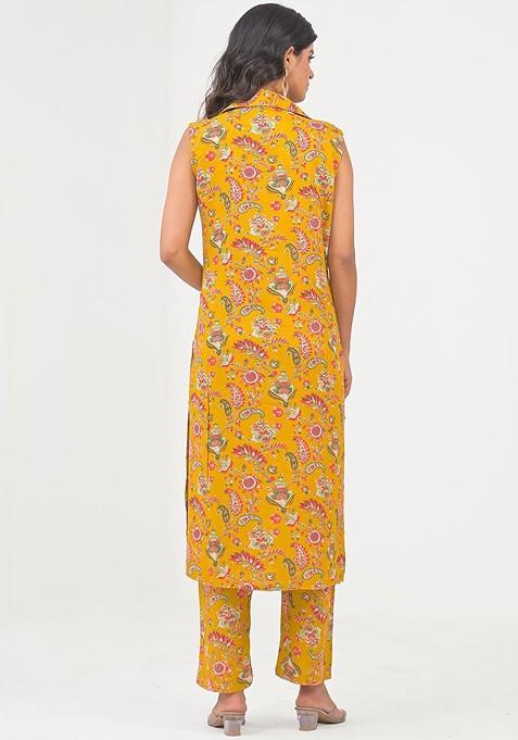 Yellow Printed Shirt Collar Tunic With Trousers Coords
