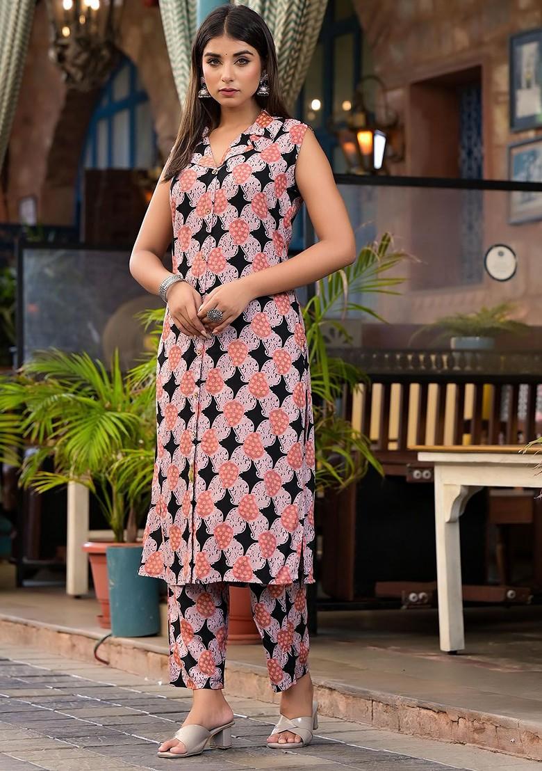 Black Printed Shirt Collar Tunic With Trousers Coords