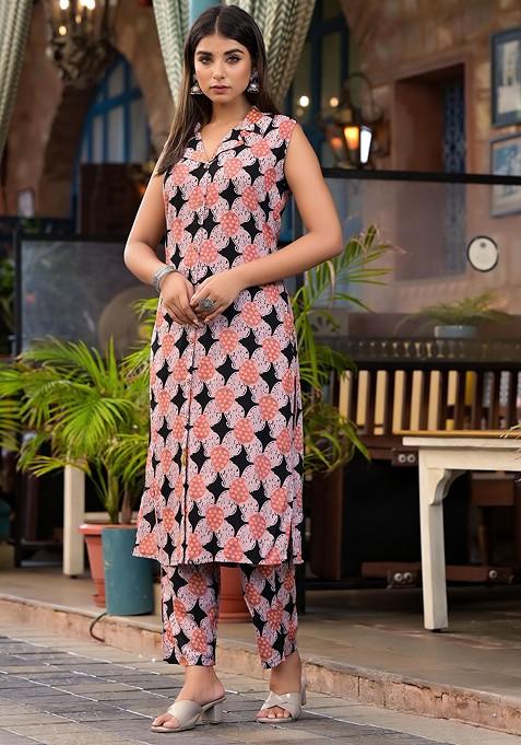 Black Printed Shirt Collar Tunic With Trousers Coords