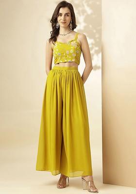 Yellow Embroidered Jacket With Crop Top And Palazzos Coords Set