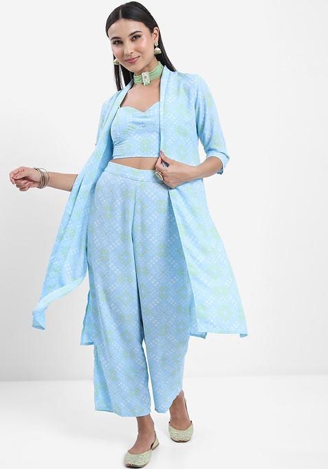 Blue Blue And White Bandhani Printed Ethnic Top With Palazzos And Jacket