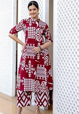 Red Printed Cotton Kurta And Palazzo Coord Set