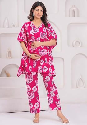 Pink Floral Printed Vneck Pure Cotton Aline Maternity Kaftan With Trouser